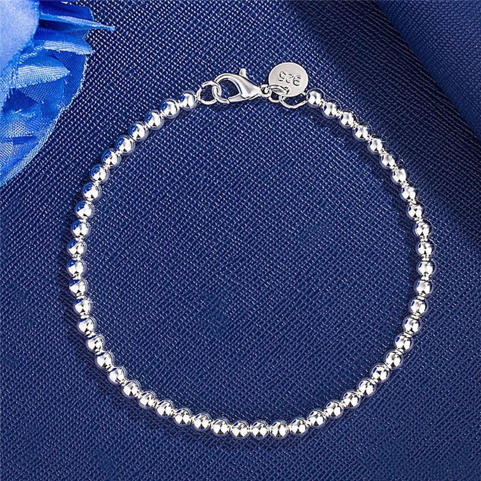 4mm 925 Sterling Silver Plated Bead Bracelet
