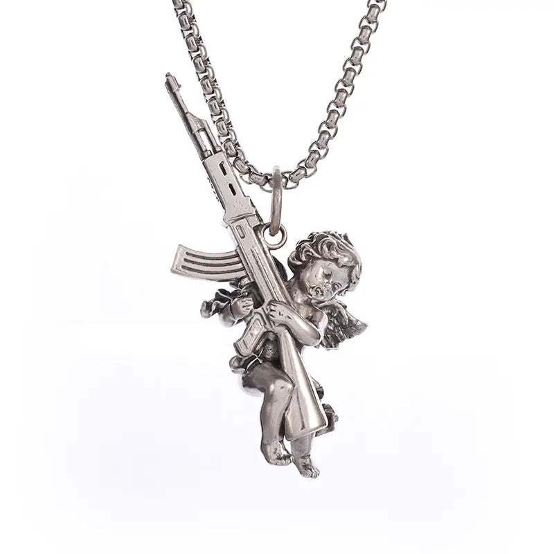 Unique Vintage Peace and War Angel Ak-47 Pendant Necklace